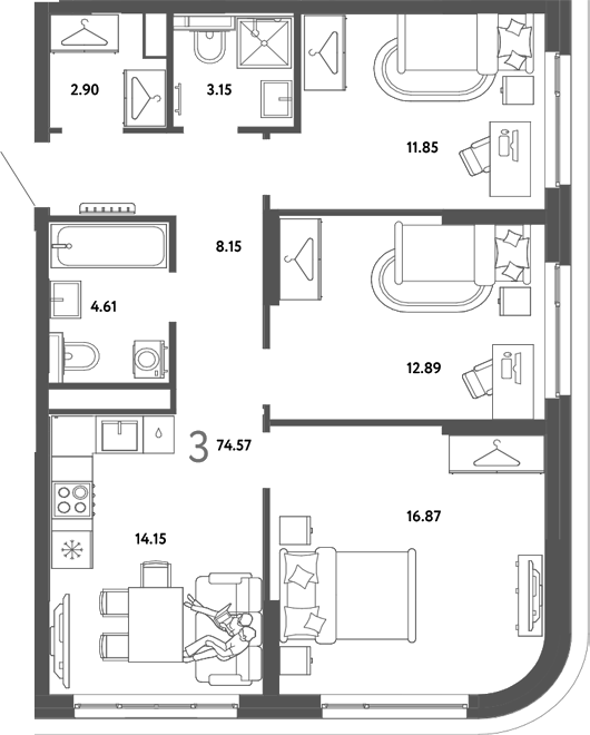 Планировка 3-к.кв 74.57 м² в ЖК «Страна. Тополевая»