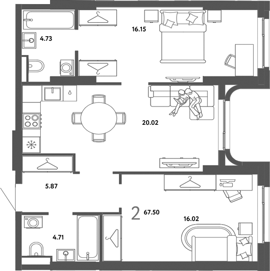 Планировка 2-к.кв 67.50 м² в ЖК «Страна. Тополевая»