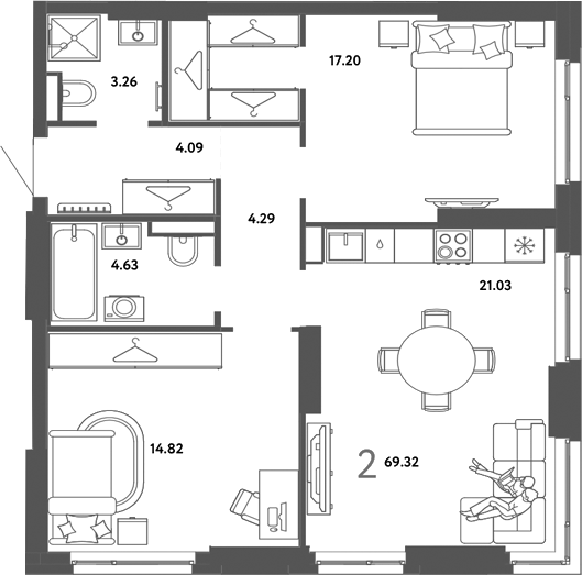 Планировка 2-к.кв 69.32 м² в ЖК «Страна. Тополевая»