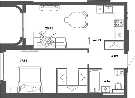 Планировка 1-к.кв 46.21 м² в ЖК «Страна. Тополевая»