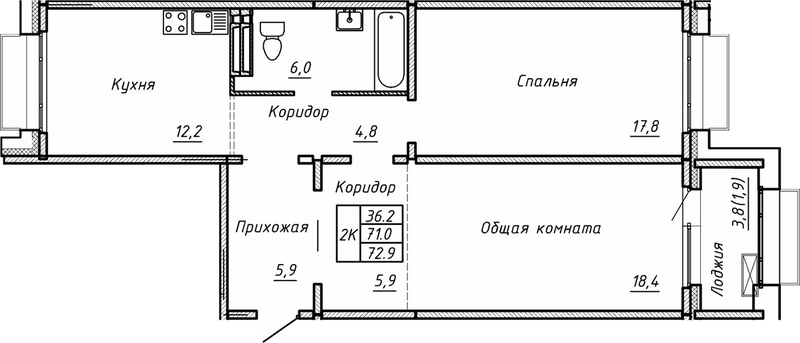Планировка 2-к.кв 71.00 м² в ЖК «Гренландия»