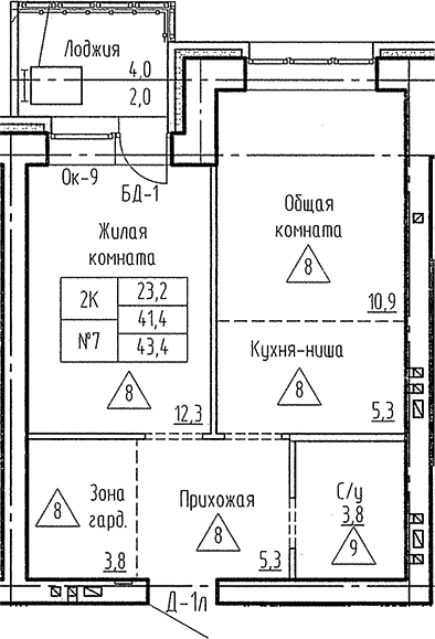 Планировка 2е-к.кв 41.40 м² в ЖК «Фламинго»
