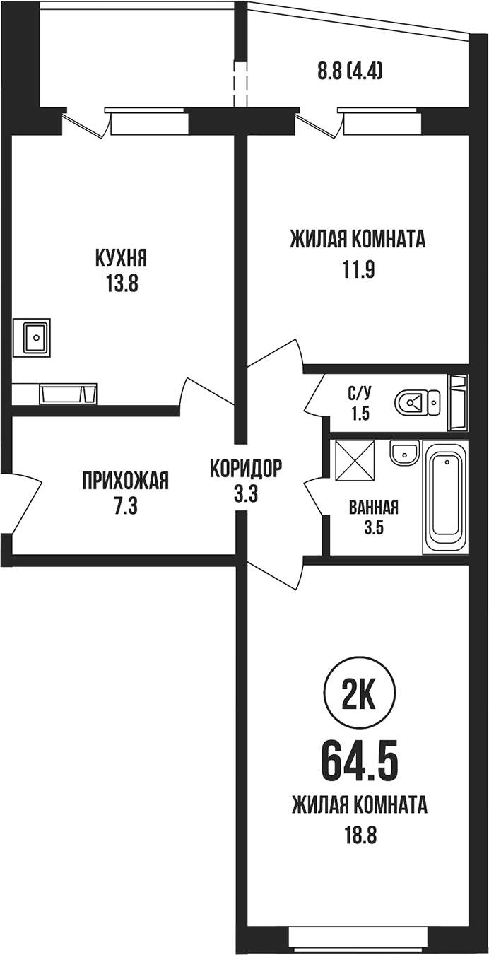 Планировка 2-к.кв 60.10 м² в ЖК «Династия»