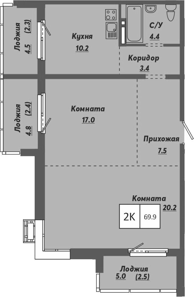 Планировка 2-к.кв 62.70 м² в ЖК «Ежевика»