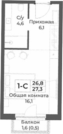 Планировка студии 26.80 м² в ЖК «RIZALTA РЕЗОРТ БЕЛОКУРИХА»