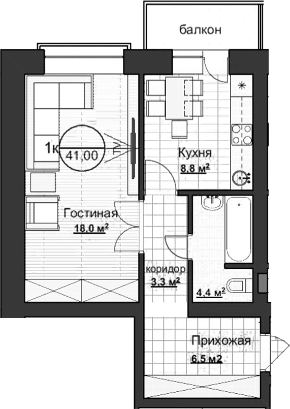 Планировка 1-к.кв 41.00 м² в ЖК «Уютный»