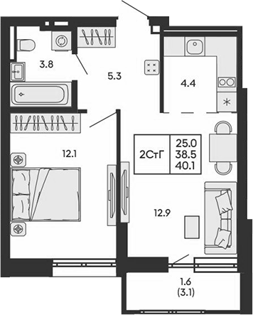 Планировка 2е-к.кв 38.50 м² в ЖК «ГОРИЗОНТ»