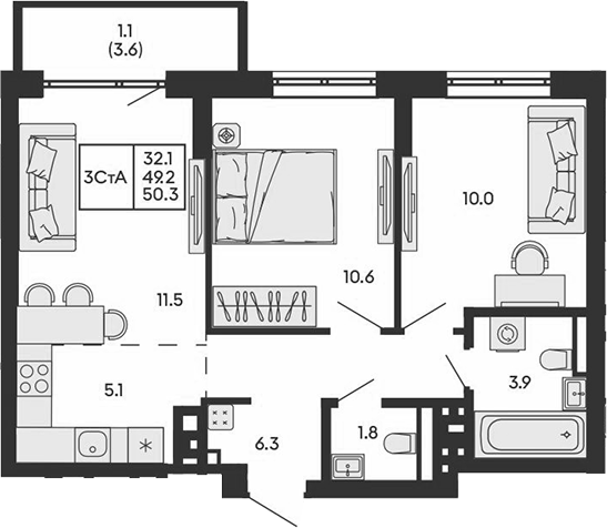 Планировка 3е-к.кв 49.20 м² в ЖК «ГОРИЗОНТ»