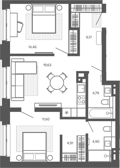 Планировка 3е-к.кв 66.46 м² в ЖК «Меланж. Барнаул»