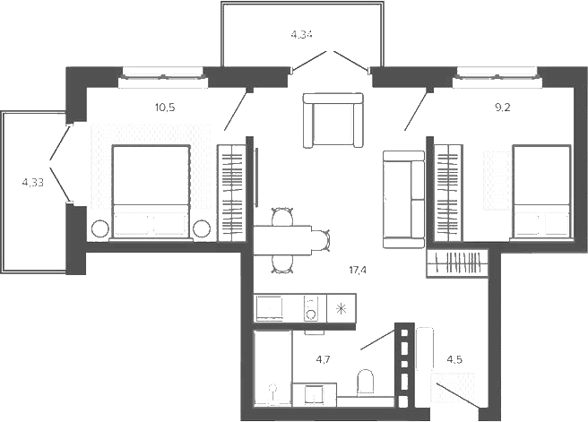 Планировка 3е-к.кв 45.97 м² в ЖК «Вышка. Барнаул»