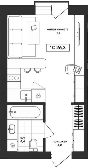 Планировка студии 26.27 м² в ЖК «Среда»