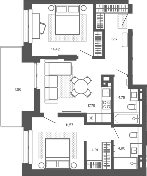 Планировка 3е-к.кв 64.54 м² в ЖК «Меланж. Барнаул»