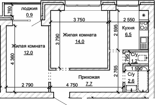 Планировка 2-к.кв 44.00 м² в ЖК «Карамель. Барнаул»