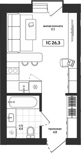 Планировка студии 26.27 м² в ЖК «Среда»