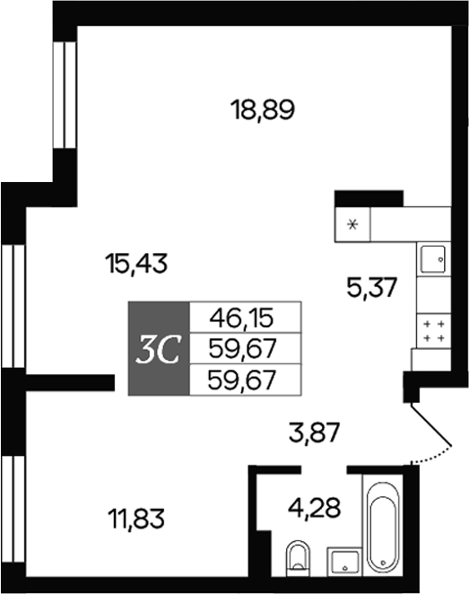 Планировка 3е-к.кв 59.67 м² в ЖК «Роза ветров»