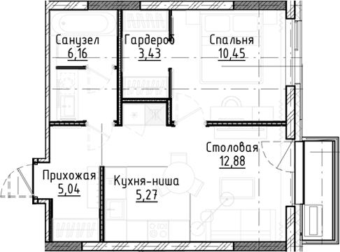 Планировка 2е-к.кв 43.28 м² в ЖК «Город на озере»
