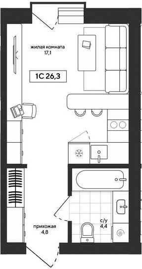 Планировка студии 26.27 м² в ЖК «Среда»