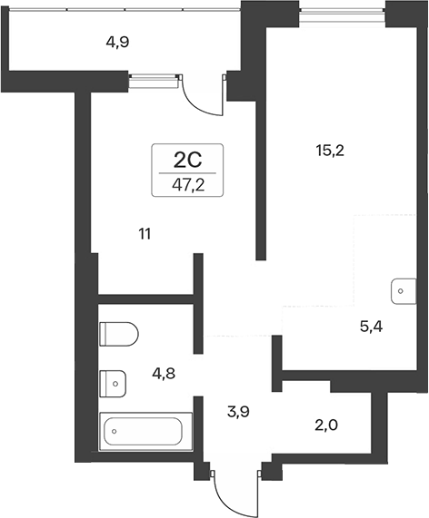 Планировка 2е-к.кв 42.30 м² в ЖК «Расцветай на Учительской»