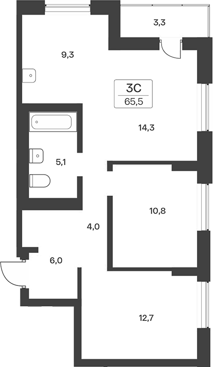 Планировка 3е-к.кв 62.20 м² в ЖК «Расцветай на Учительской»