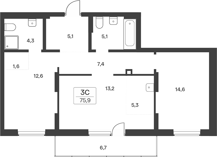 Планировка 3е-к.кв 69.20 м² в ЖК «Расцветай на Учительской»