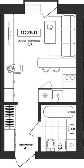 Планировка студии 25.01 м² в ЖК «Среда»