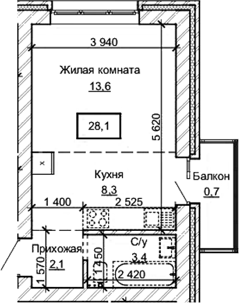 Планировка студии 27.40 м² в ЖК «Карамель. Барнаул»