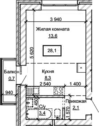 Планировка студии 27.40 м² в ЖК «Карамель. Барнаул»