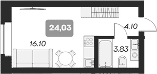 Планировка студии 24.03 м² в ЖК «Аэрон»