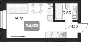 Планировка студии 24.03 м² в ЖК «Аэрон»