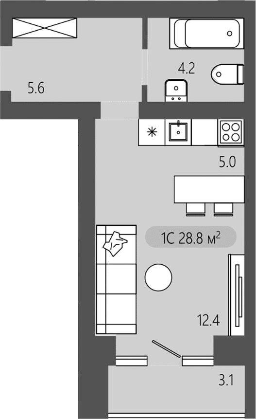 Планировка студии 27.25 м² в ЖК «Загорские кварталы. Загорский»