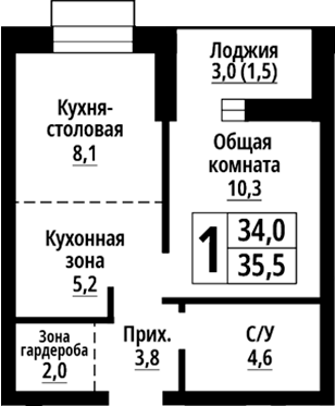 Планировка 2е-к.кв 34.00 м² в ЖК «Родные берега. Барнаул»