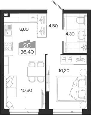 Планировка 2е-к.кв 36.40 м² в ЖК «Ясный Берег»