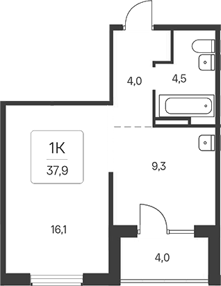 Планировка 1-к.кв 33.90 м² в ЖК «Расцветай у Академгородка»