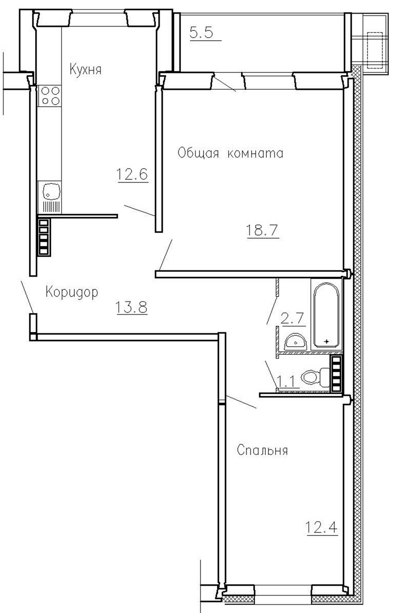 Планировка 2-к.кв 60.20 м² в ЖК «Фламинго»
