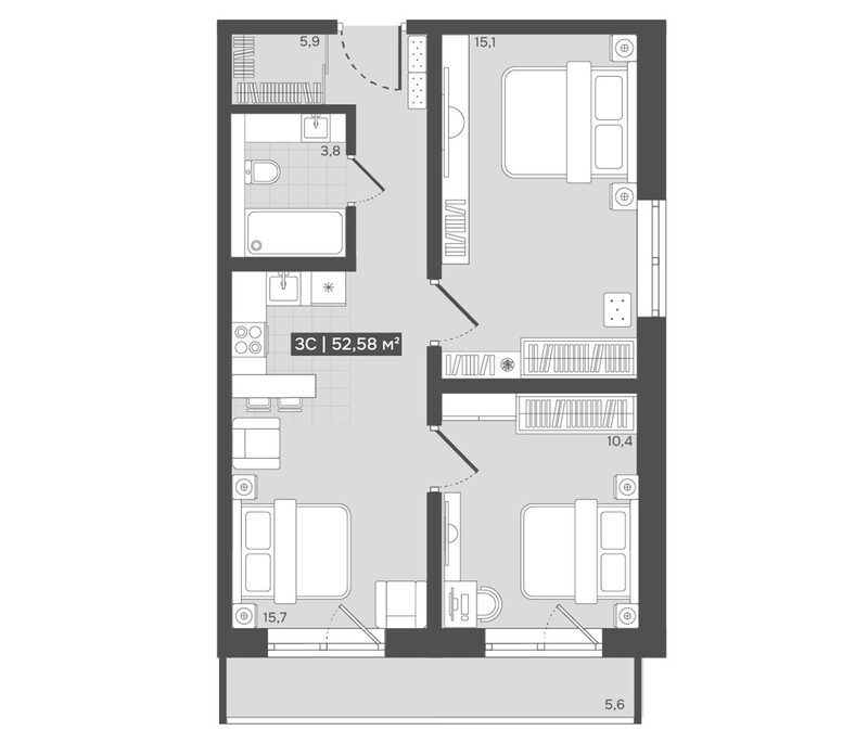 Планировка 3е-к.кв 50.90 м² в ЖК «Алтын-Шор»