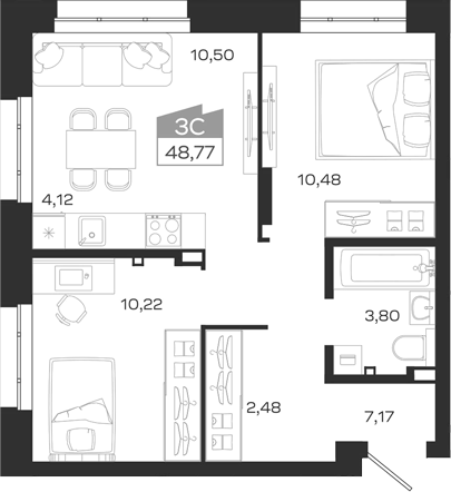 Планировка 3е-к.кв 48.77 м² в ЖК «1804 Квартал на Сибирской. Томск»