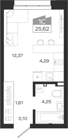 Планировка студии 25.62 м² в ЖК «1804 Квартал на Сибирской. Томск»