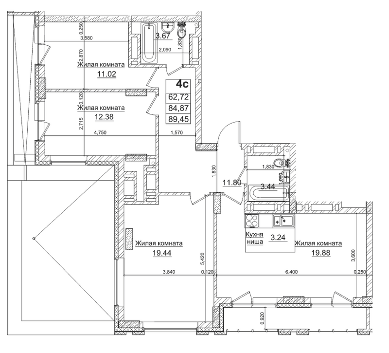 Планировка 4е-к.кв 84.87 м² в ЖК «Чернышевский»