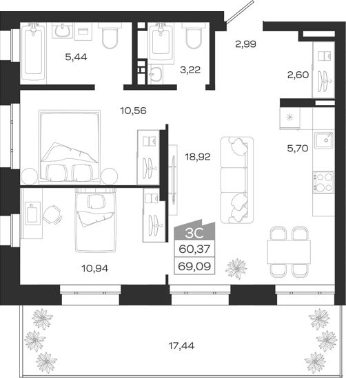 Планировка 3е-к.кв 60.37 м² в ЖК «1804 Квартал на Сибирской. Томск»