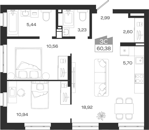 Планировка 3е-к.кв 60.38 м² в ЖК «1804 Квартал на Сибирской. Томск»