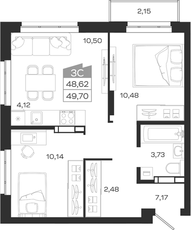 Планировка 3е-к.кв 48.62 м² в ЖК «1804 Квартал на Сибирской. Томск»