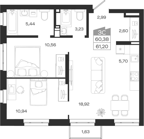 Планировка 3е-к.кв 60.38 м² в ЖК «1804 Квартал на Сибирской. Томск»
