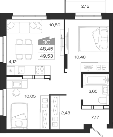 Планировка 3е-к.кв 48.45 м² в ЖК «1804 Квартал на Сибирской. Томск»