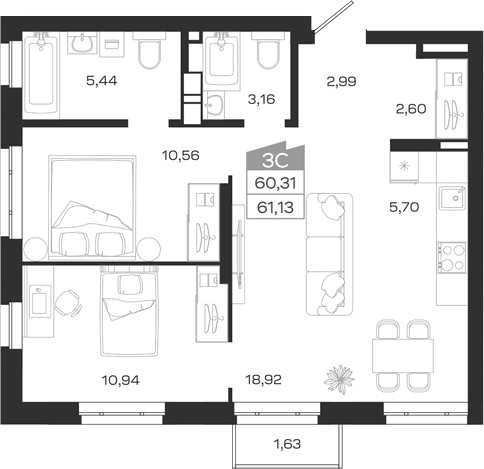 Планировка 3е-к.кв 60.31 м² в ЖК «1804 Квартал на Сибирской. Томск»