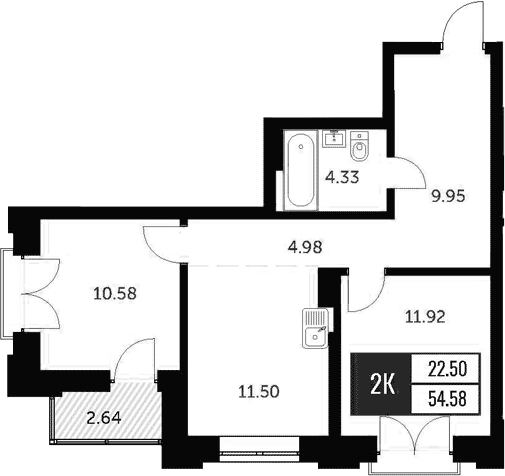 Планировка 2-к.кв 52.88 м² в ЖК «Академия»