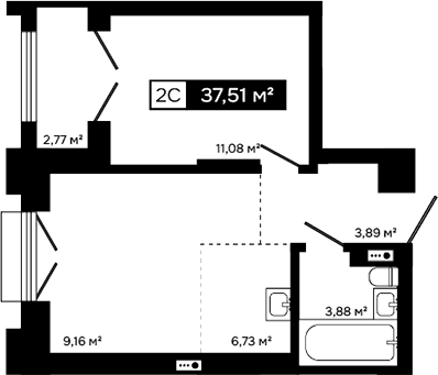 Планировка 2е-к. квартира 34.74 м² в ЖК «Платина»