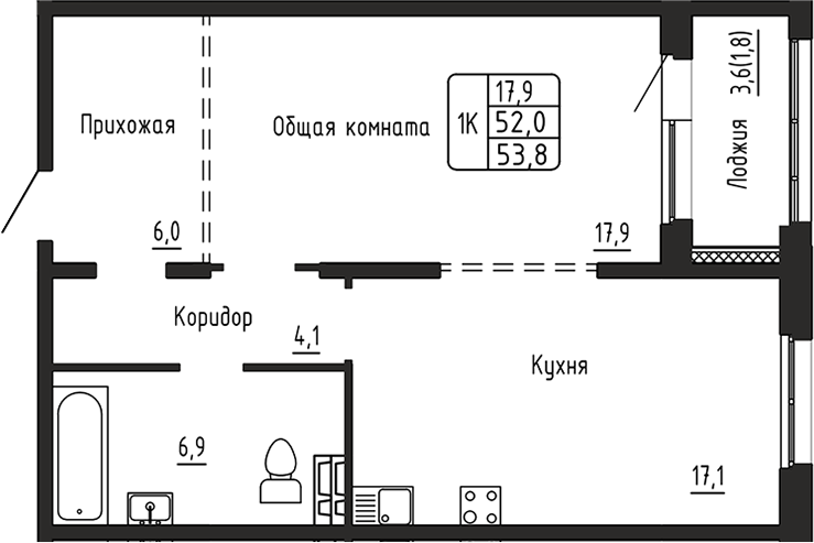Планировка 1-к.кв 52.00 м² в ЖК «Самоцветы»