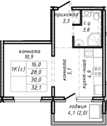 Планировка 1-к.кв 28.00 м² в ЖК «Азимут»