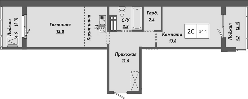 Планировка 2е-к.кв 49.70 м² в ЖК «Ежевика»