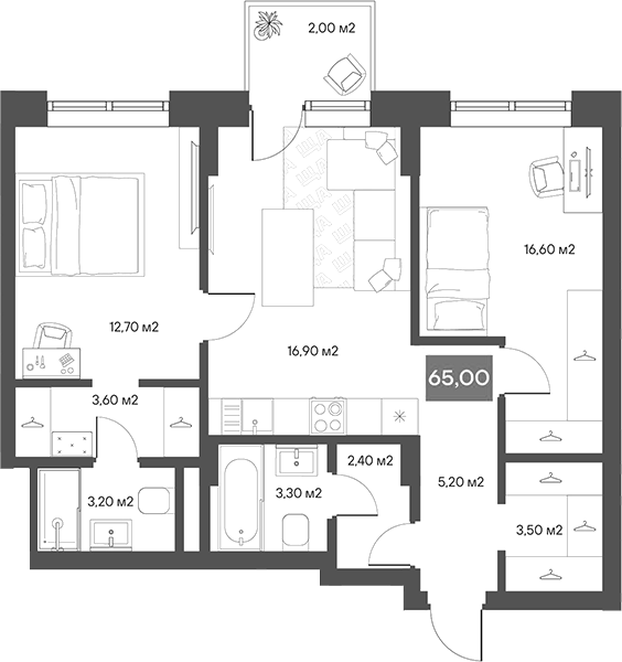 Планировка 2-к.кв 64.40 м² в ЖК «ЩА»